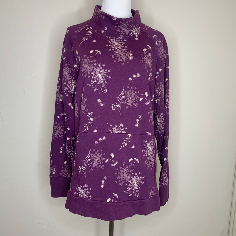 Lands' End Serious Sweats Purple Bleach Floral Pattern Sz Large